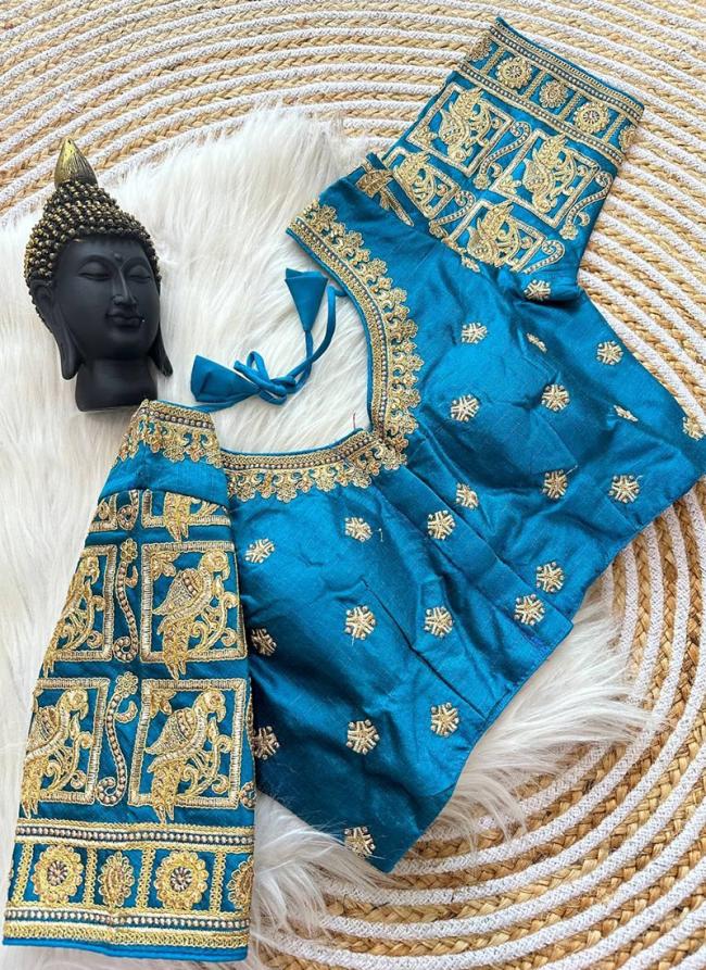 Pure Raw Silk Sky Blue Wedding Wear Embroidery Work Readymade Blouse